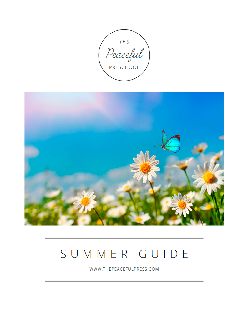 The cover of the 4 week homeschool summer guide, with an image of a butterfly in a field of daisy's on a sunny day.