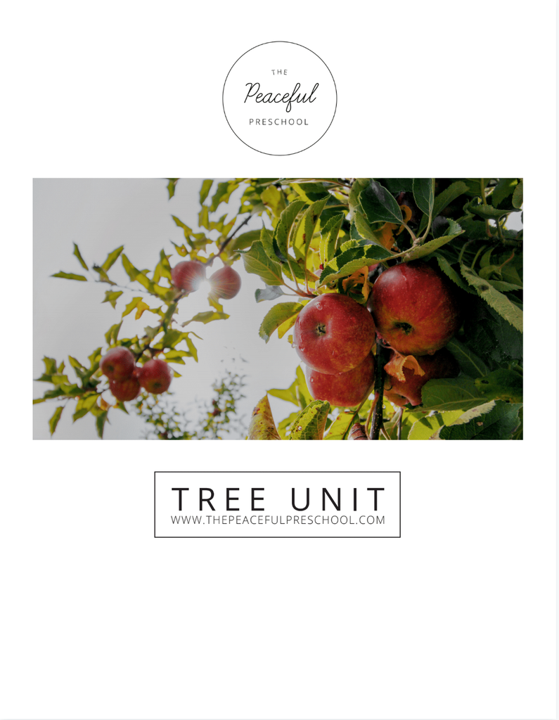 The kindergarten homeschool "Tree Unit", an apple tree with red apples growing on it on a white book cover.