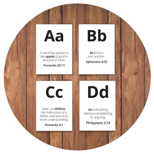 Sample 'ABC' cards on a wooden background.