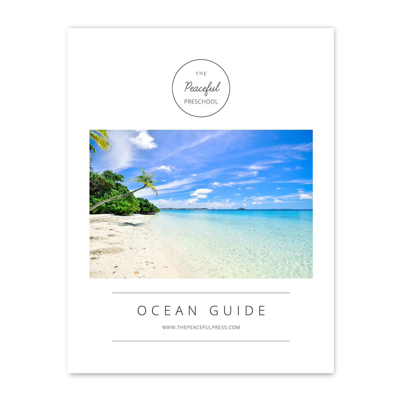 Cover art of the kindergarten homeschool "Ocean Guide", a tropical beach on a white background.