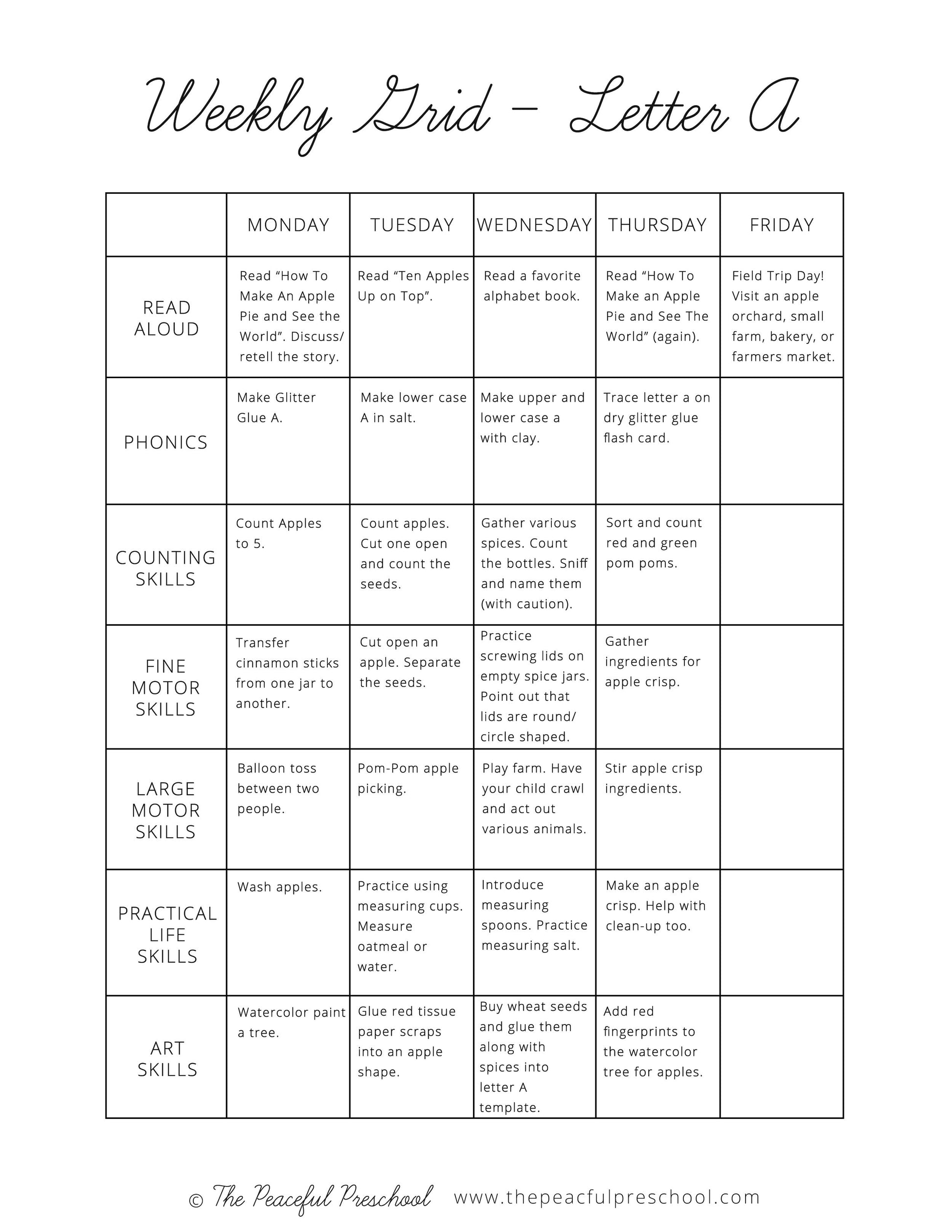 A weekly homeschool schedule grid sample for a week focused on the letter 'A'.