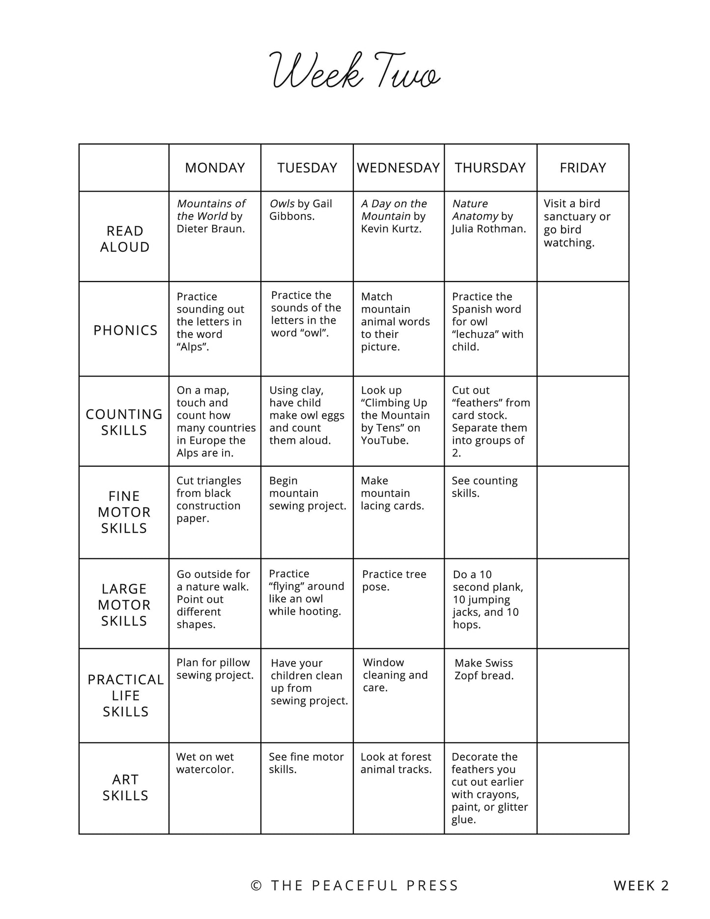 A sample week schedule for a kindergarten homeschool program.