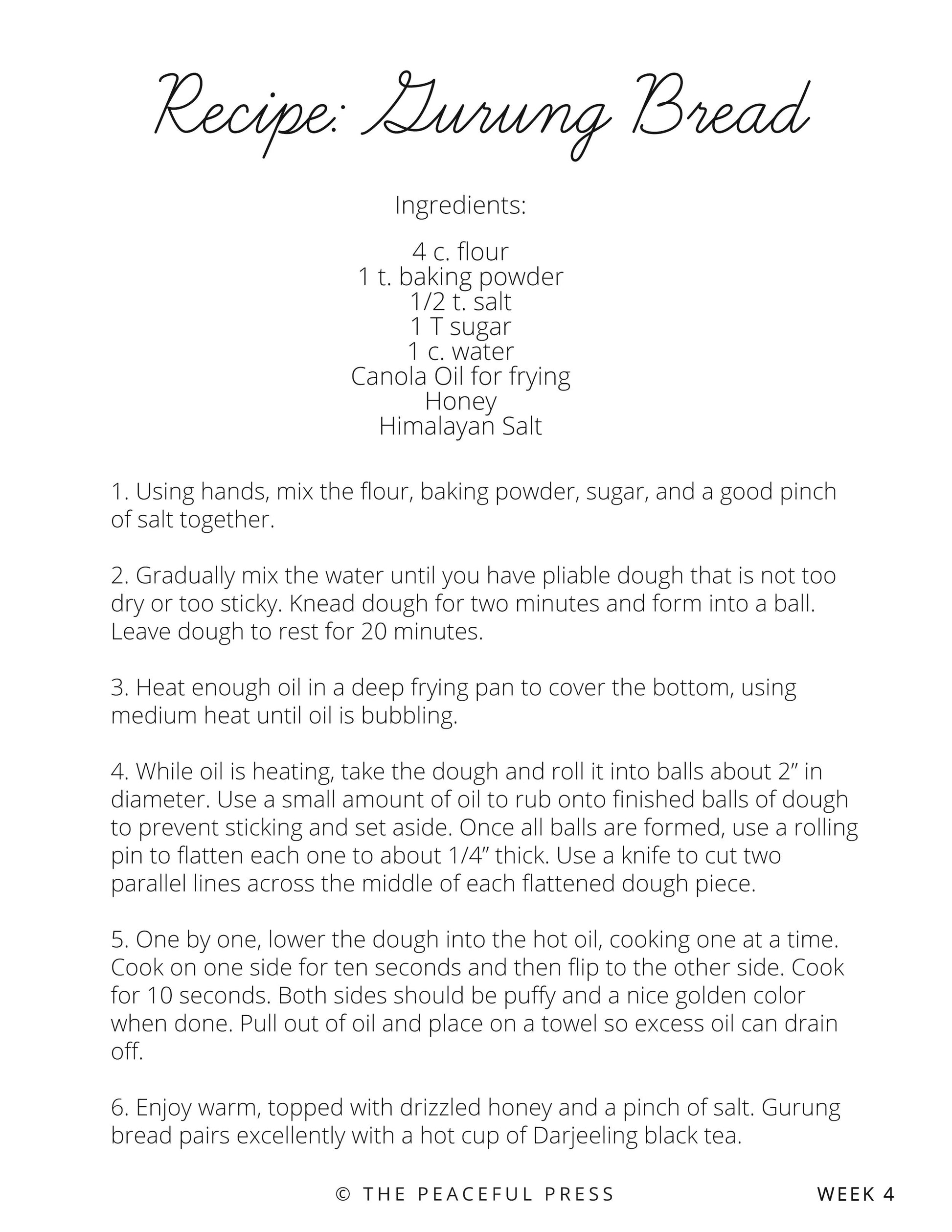 Homeschool curriculum sample sheet, a recipe for "Gurung Bread"