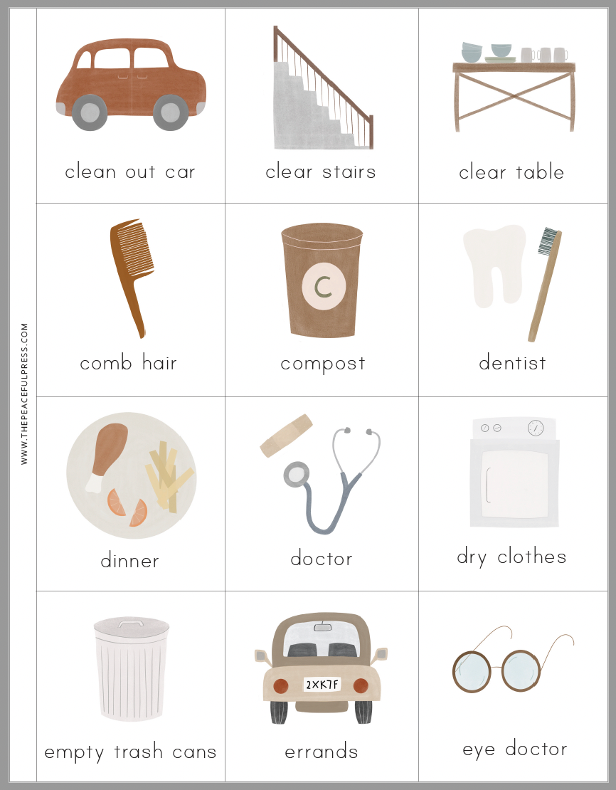 Colored in 3x4 grid of chores such as cleaning out the car, dry clothes, clear stairs etc. 