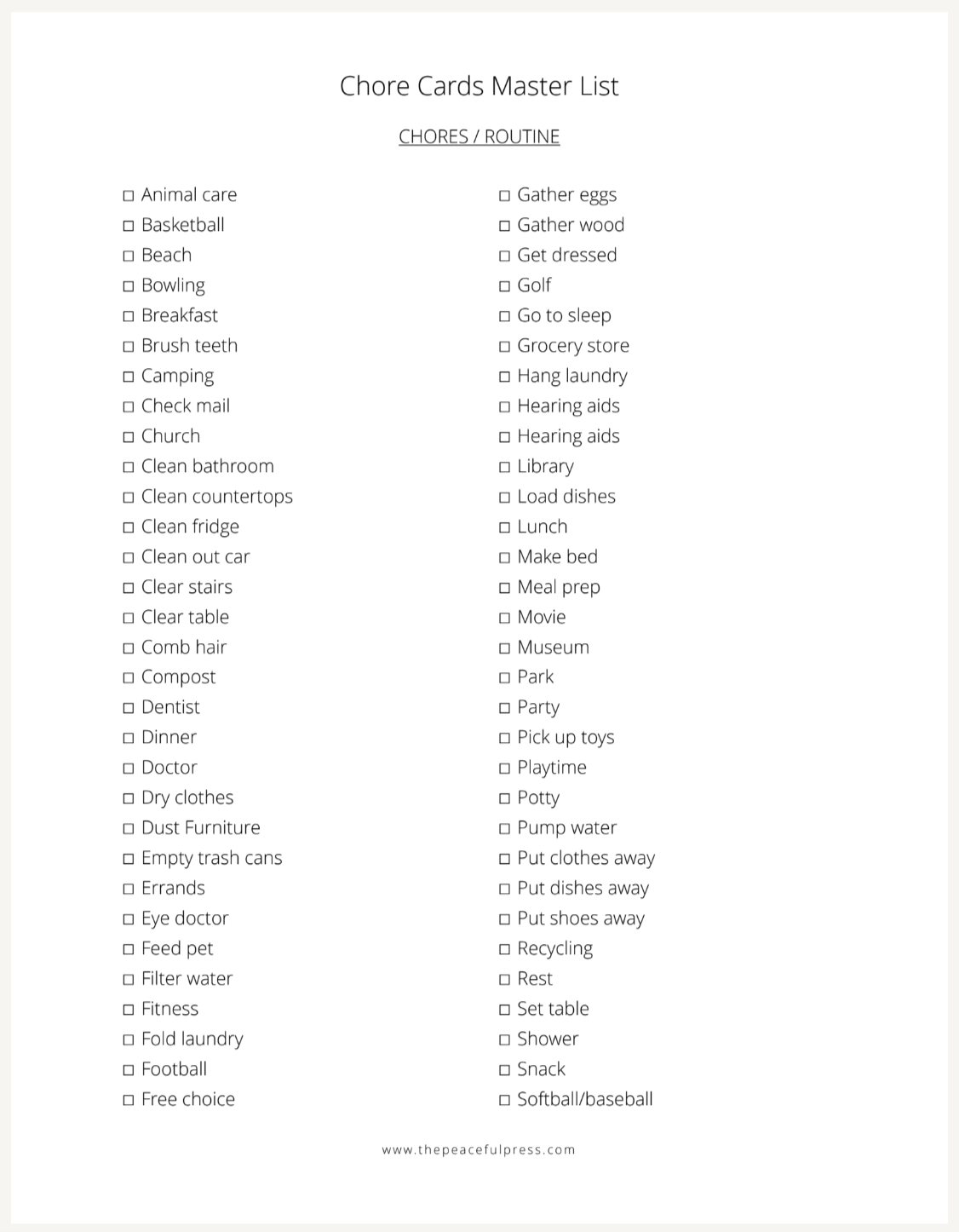 Chore Cards Master list, with each chore organized alphabetically with a checkbox next to each one.