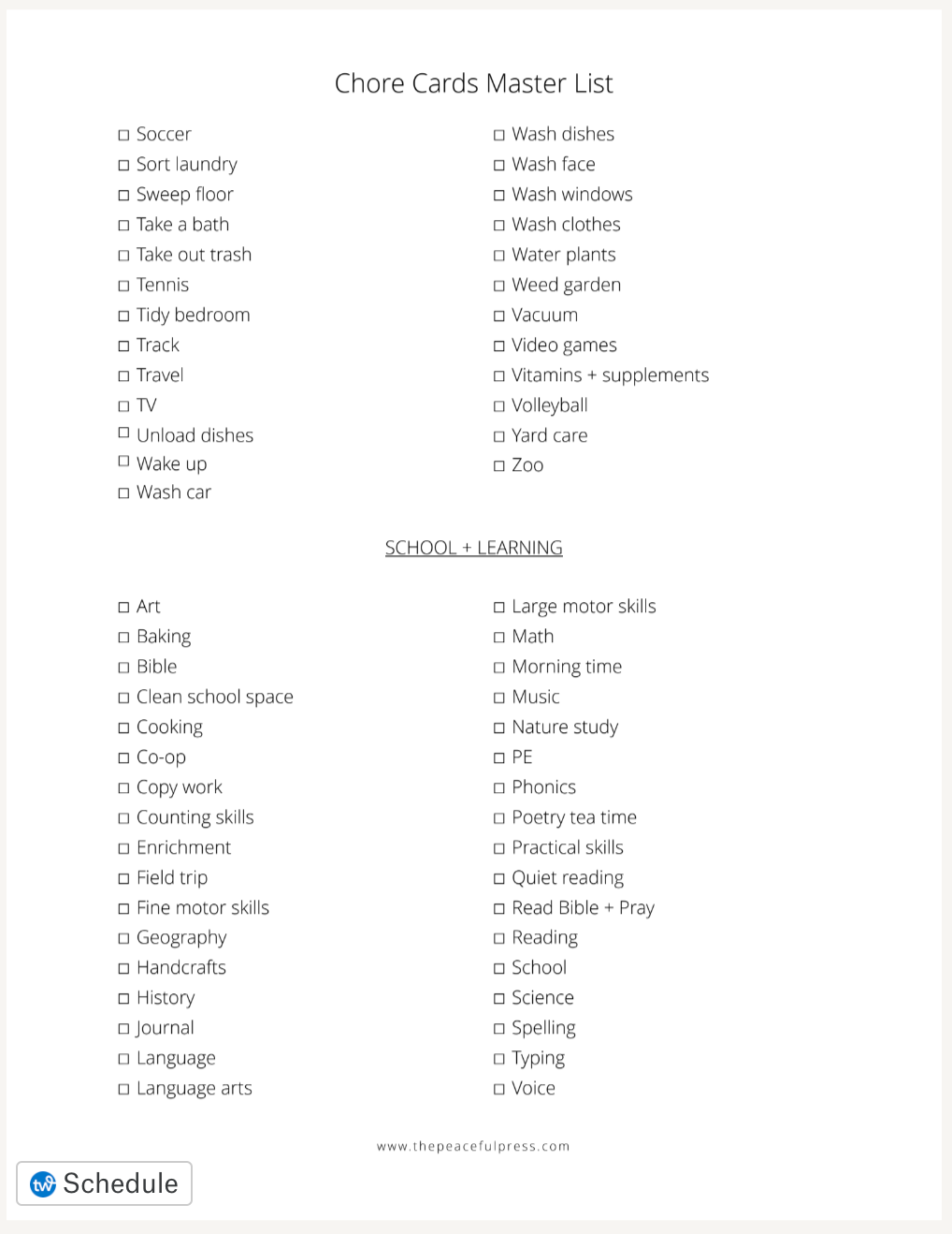Chore card master list page two, organized alphabetically and broken down into categories, such as house, school and learning, etc.