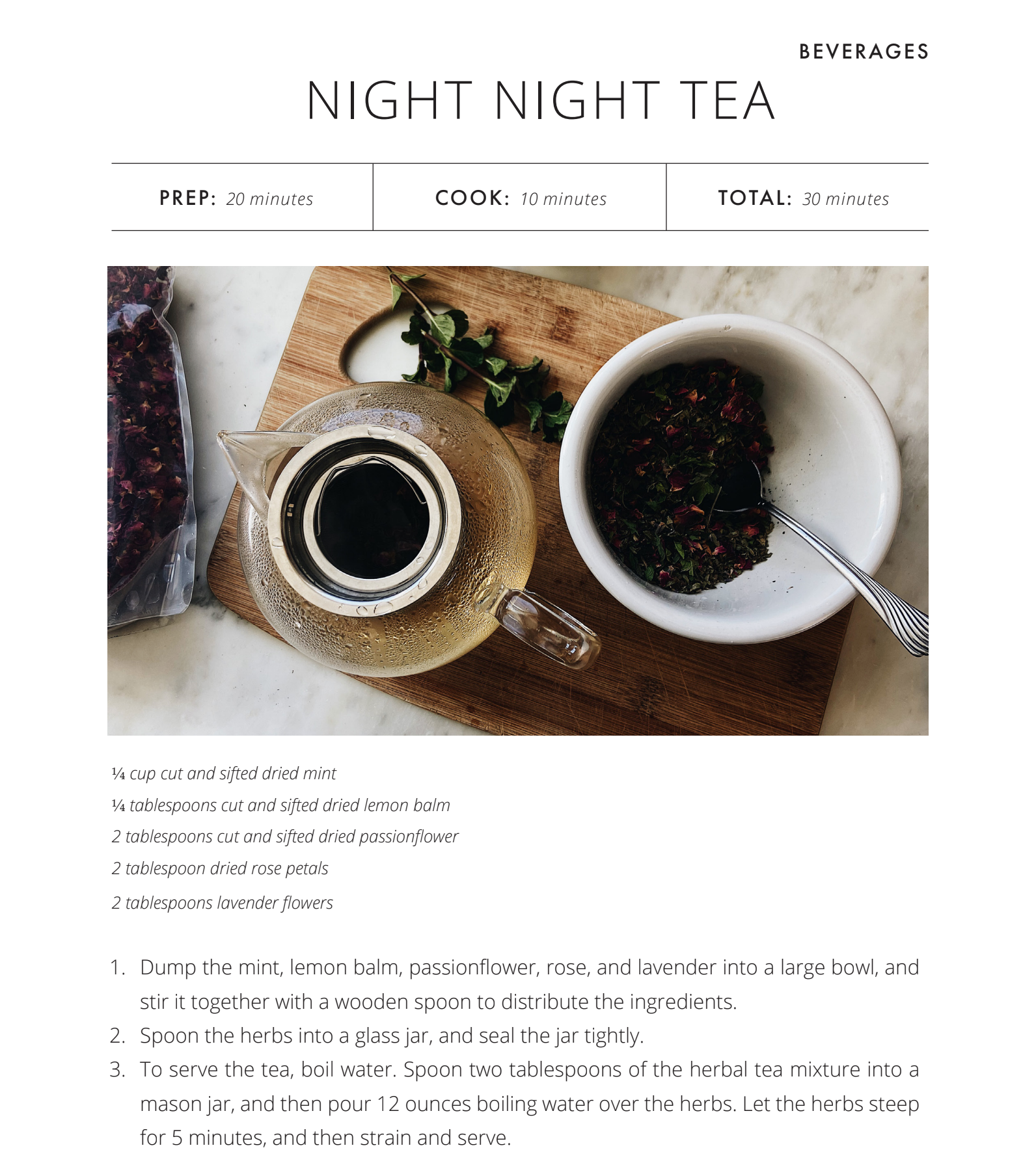 A sample recipe from the Peaceful Press Cook book, 'Night Night Tea'