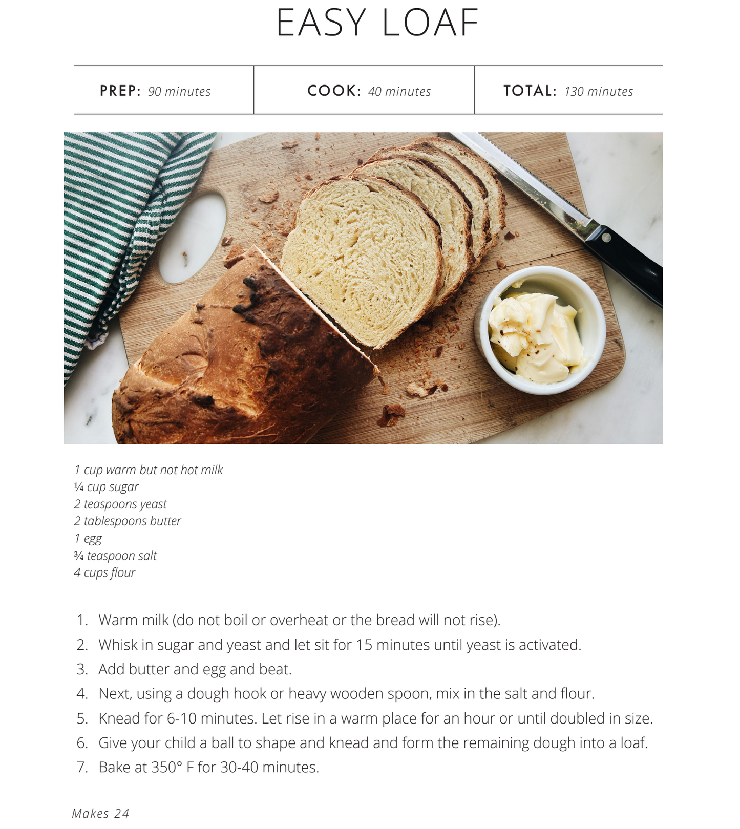 A sample recipe from the Peaceful Press Cookbook. 'Easy Loaf'