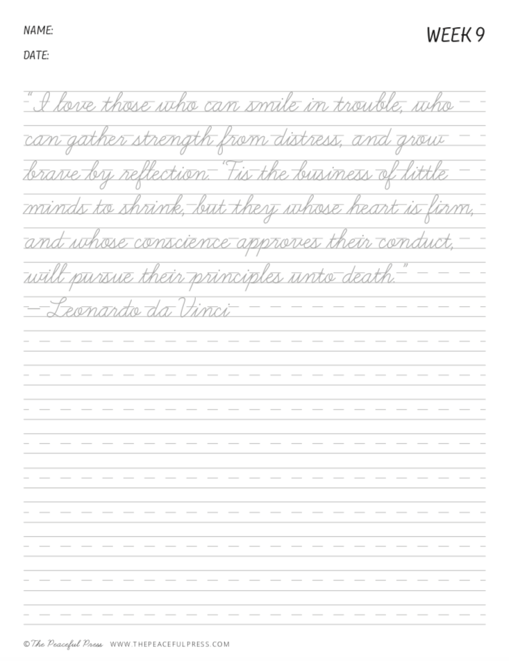 Homeschool Handwriting Worksheet, with a quote from Leonardo da Vinci.