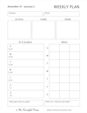 A sample weekly plan from the Peaceful Press's homeschool planner.