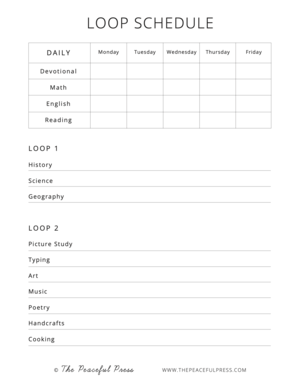 A sample loop schedule from the Peaceful Press's homeschool planner.