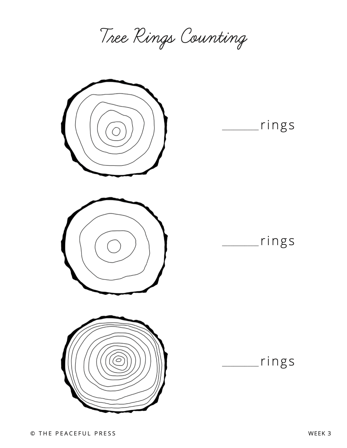 Homeschool counting sample sheet, rings on a log. 