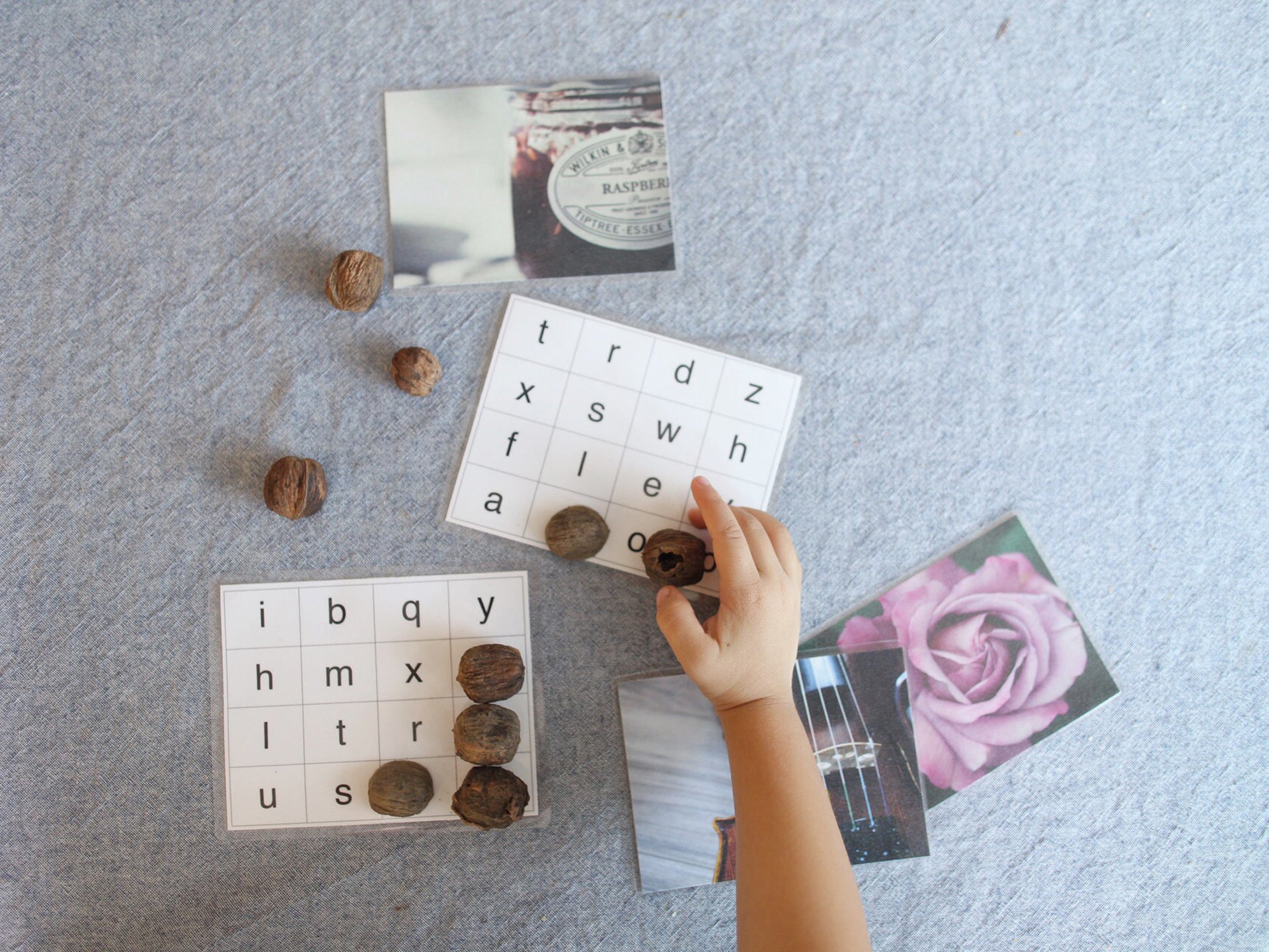 A Homeschooler playing Phonogram Bingo with dried walnuts and laminated picture cards.