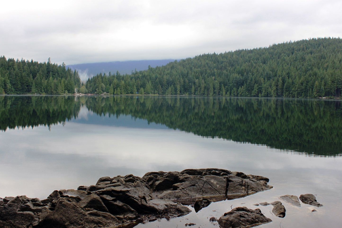 A serene mountain lake surrounded by pine trees.