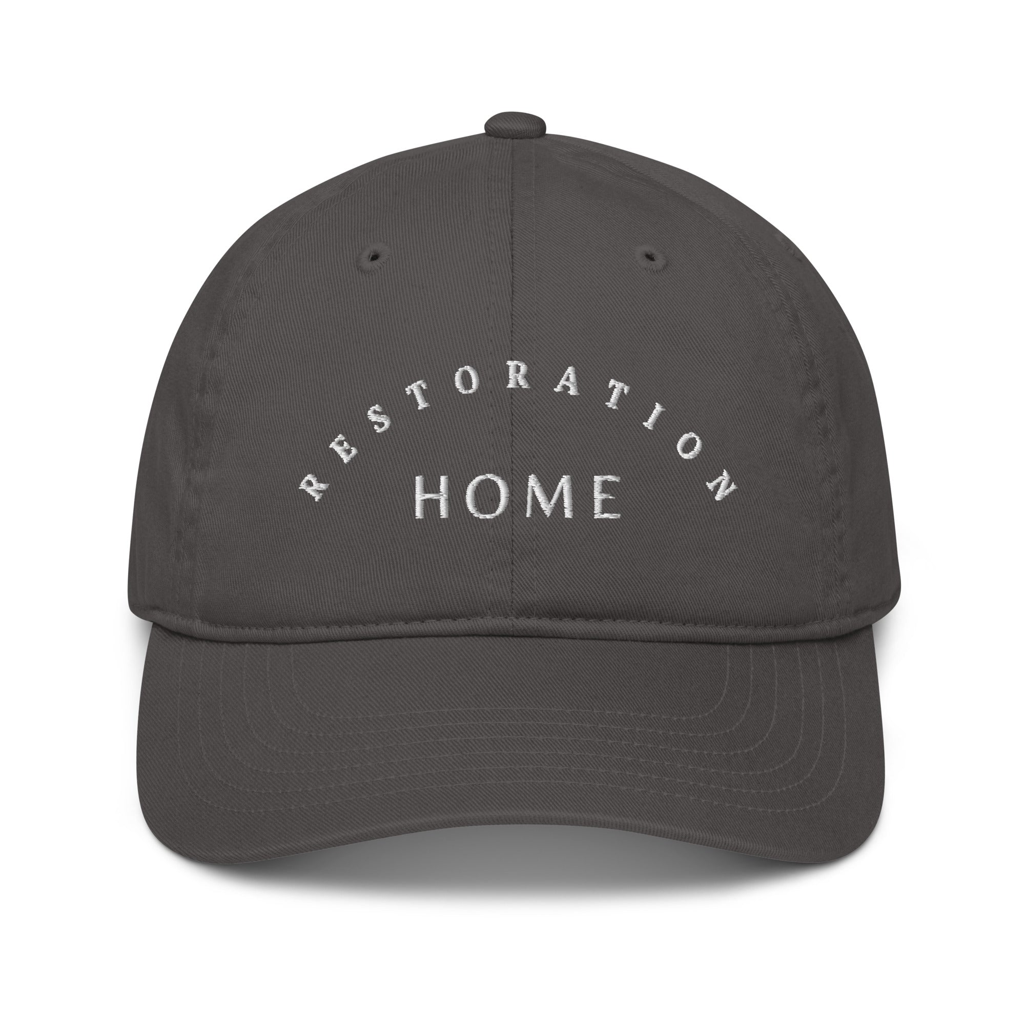 Grey dad hat. "Restoration Home" written across the front.