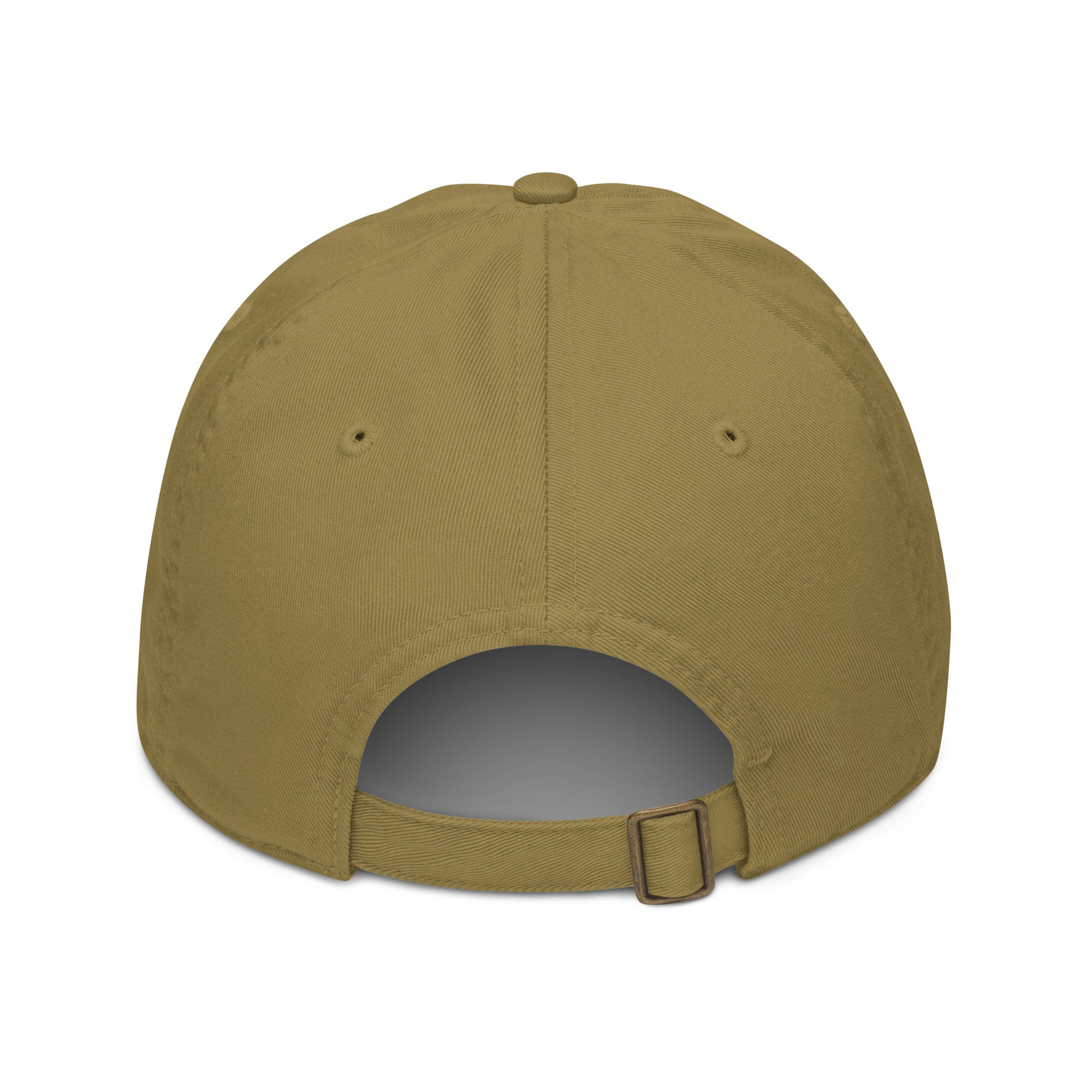 The back of a dark tan hat on a white background
