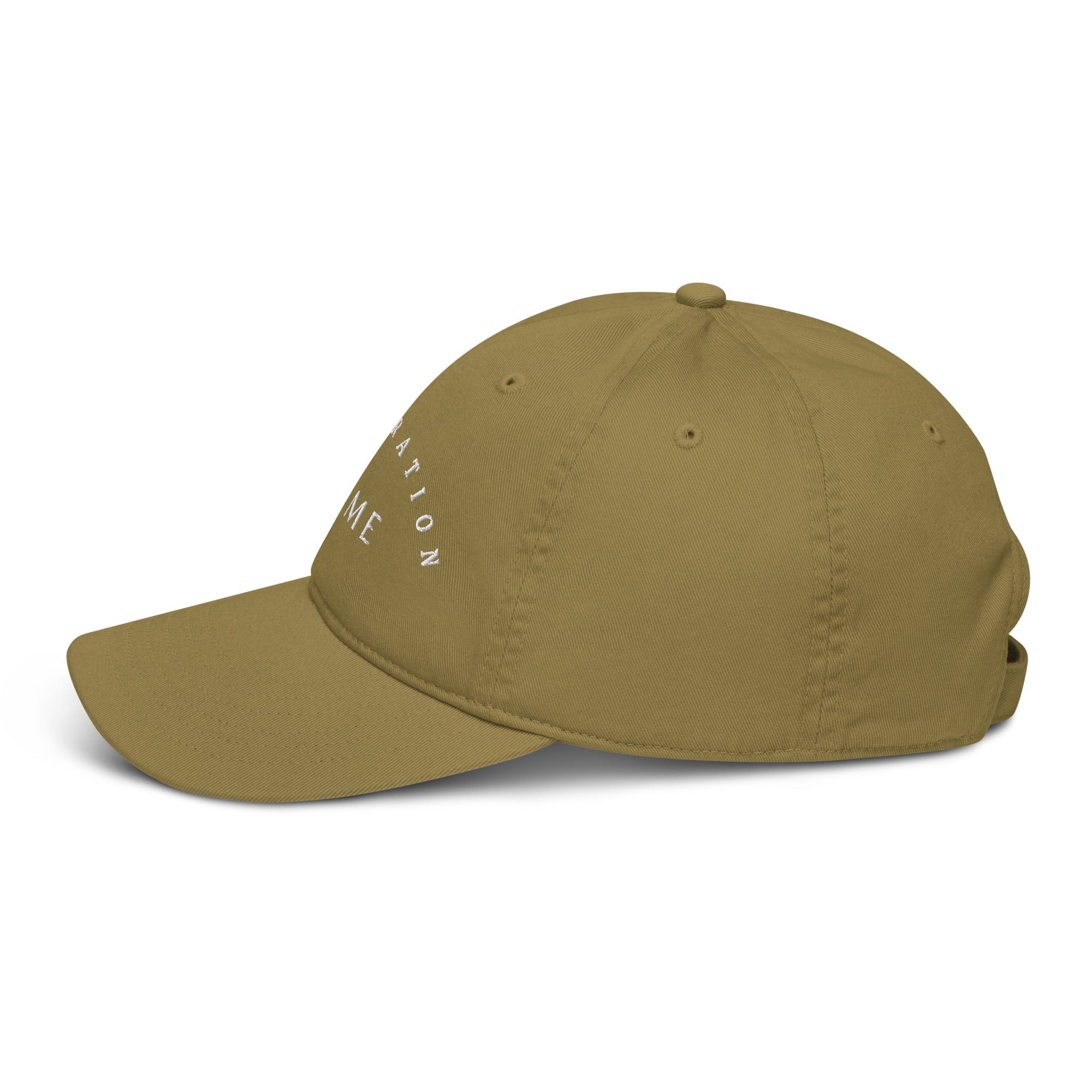 Dark tan "dad hat" from the side.