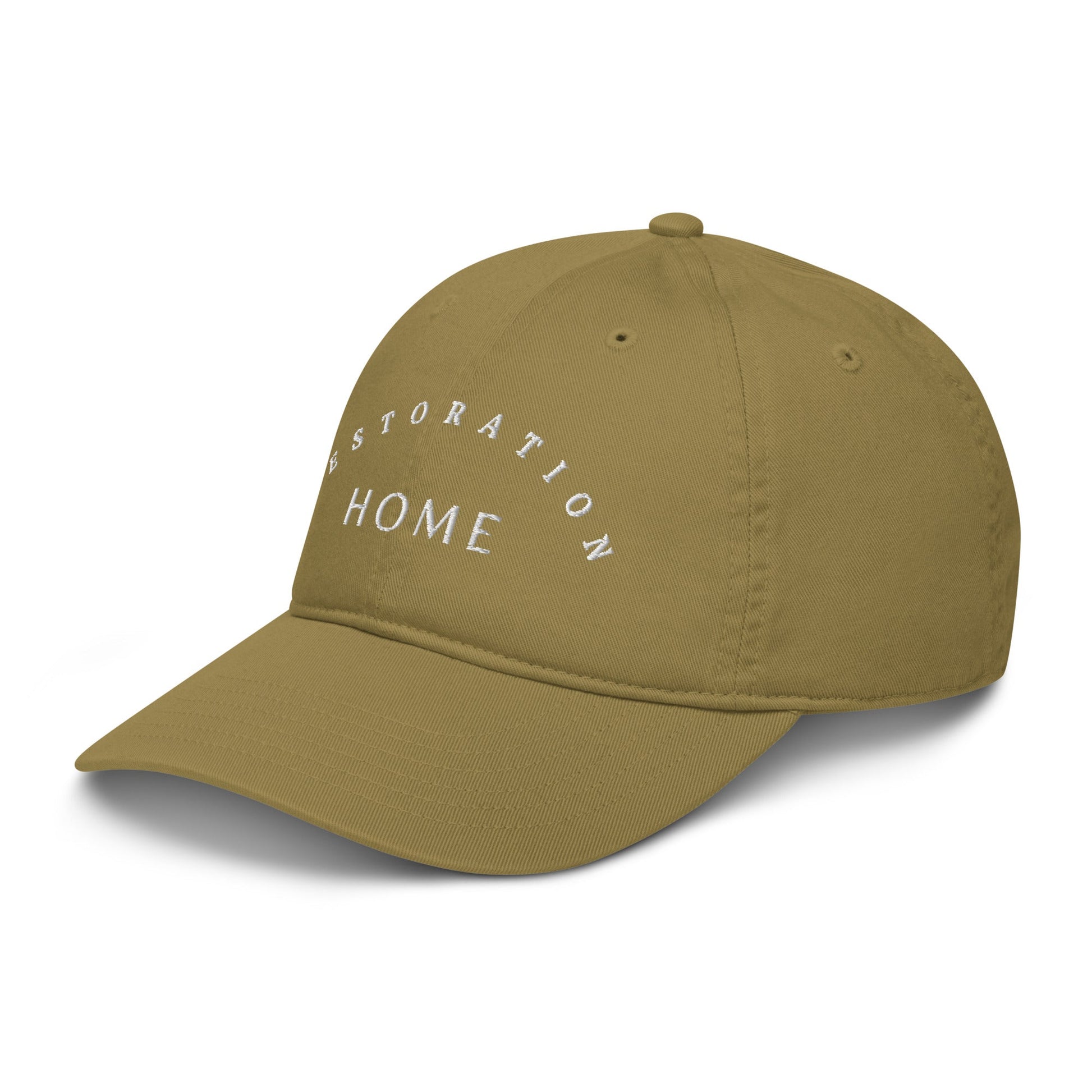 Dark tan "dad hat" from the front side with the words "Restoration Home" on the front.