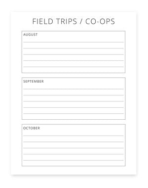 Field Trip and Co-Op schedule sheet from the homeschool planner.