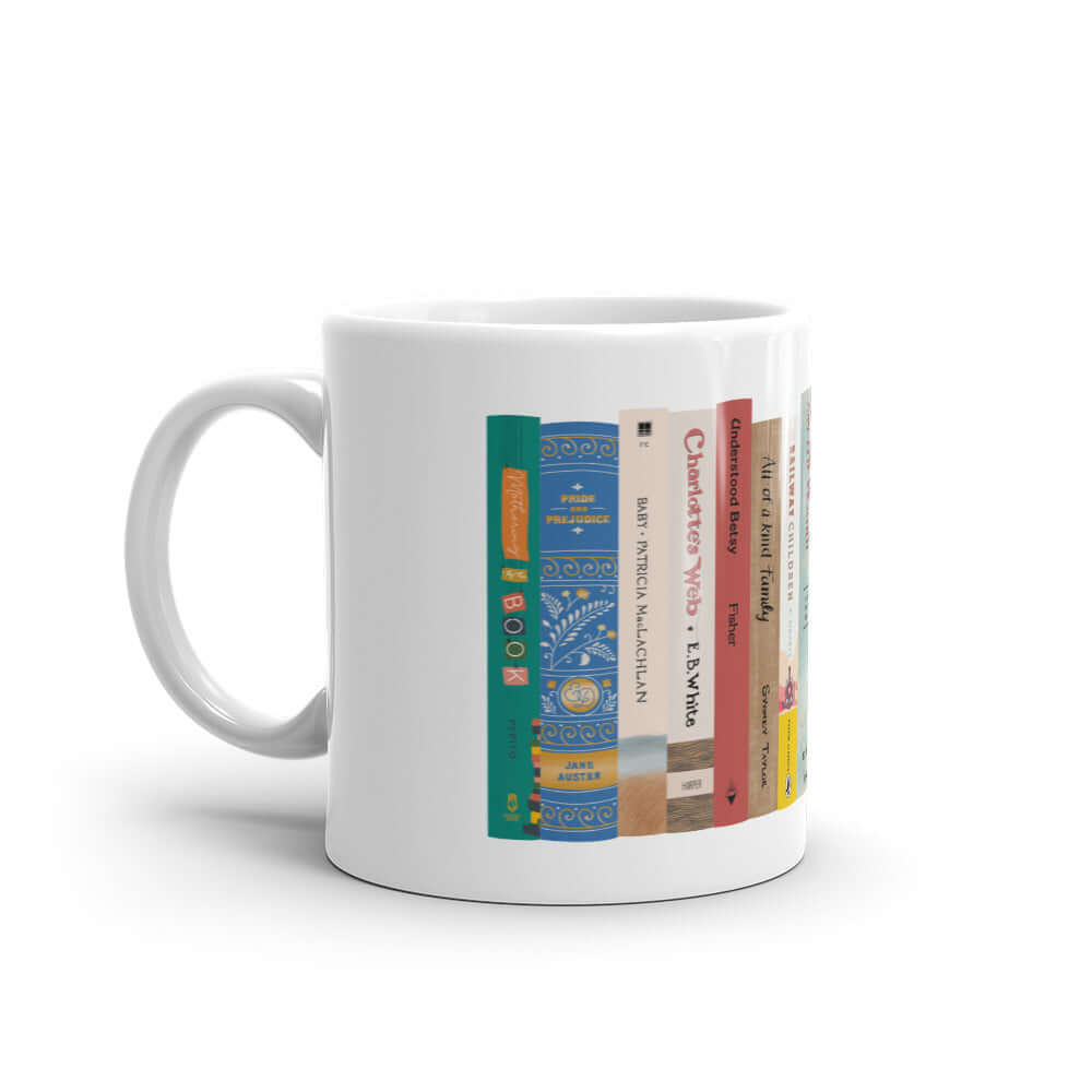 The Peaceful Preschool Mothering By The Book mug in white with a painting of a bookshelf with books on it.