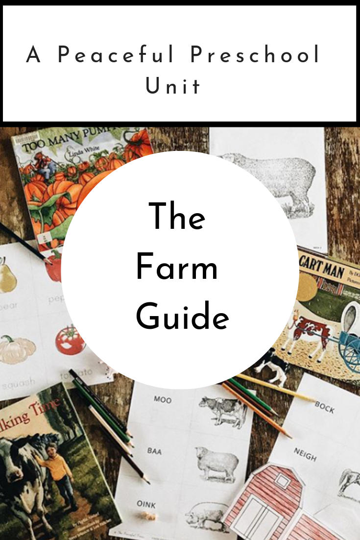Homeschool Kindergarten 4 week course "Farm Guide" cover art, a collection of homeschool resources on a wooden table.