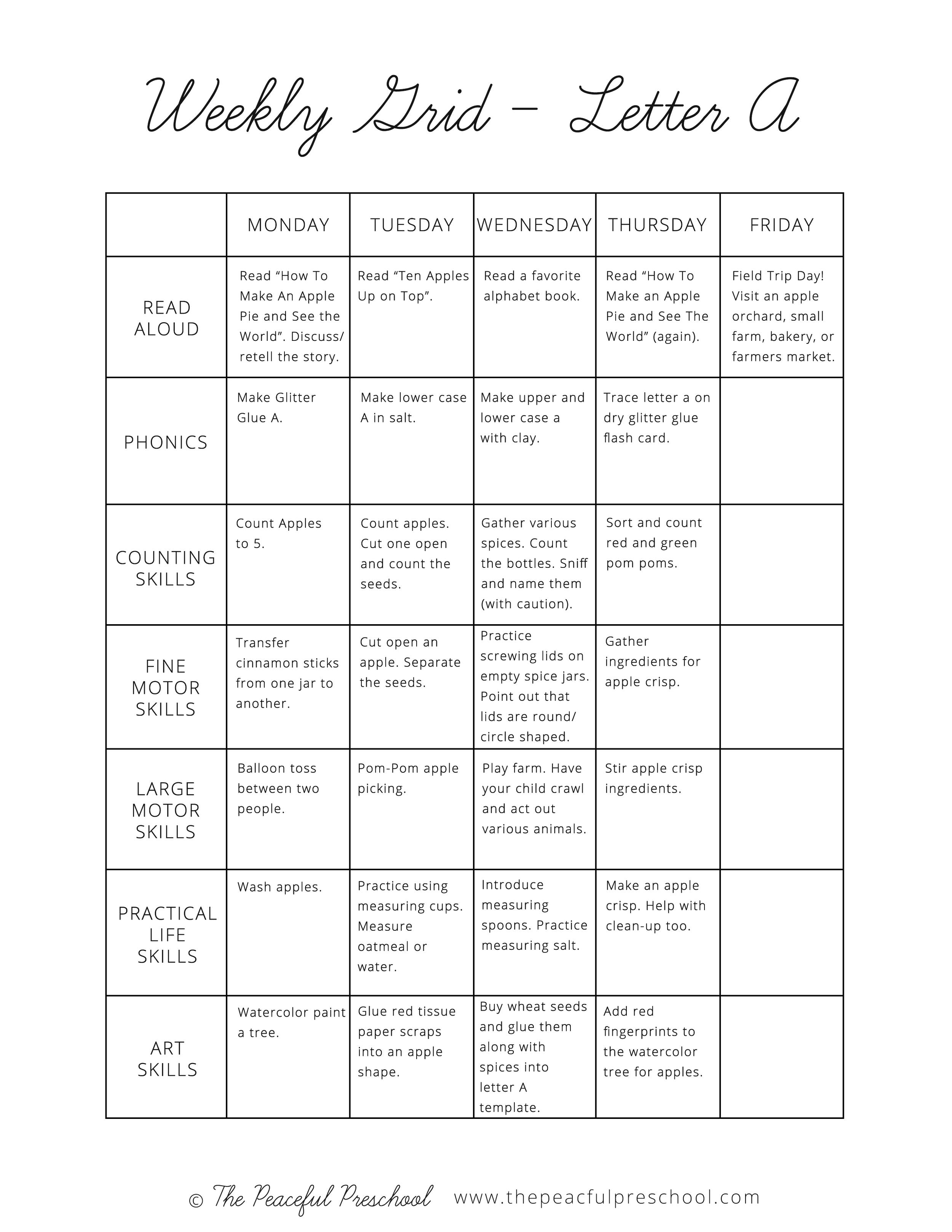 A weekly homeschool schedule grid sample for a week focused on the letter 'A'.