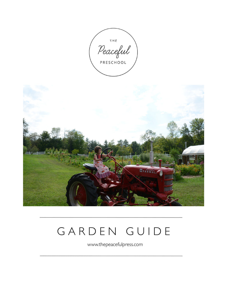 Homeschool Kindergarten 4 week study guide focused on "Garden" with a homeschool child sitting on a red farmall tractor in front of a flower garden.