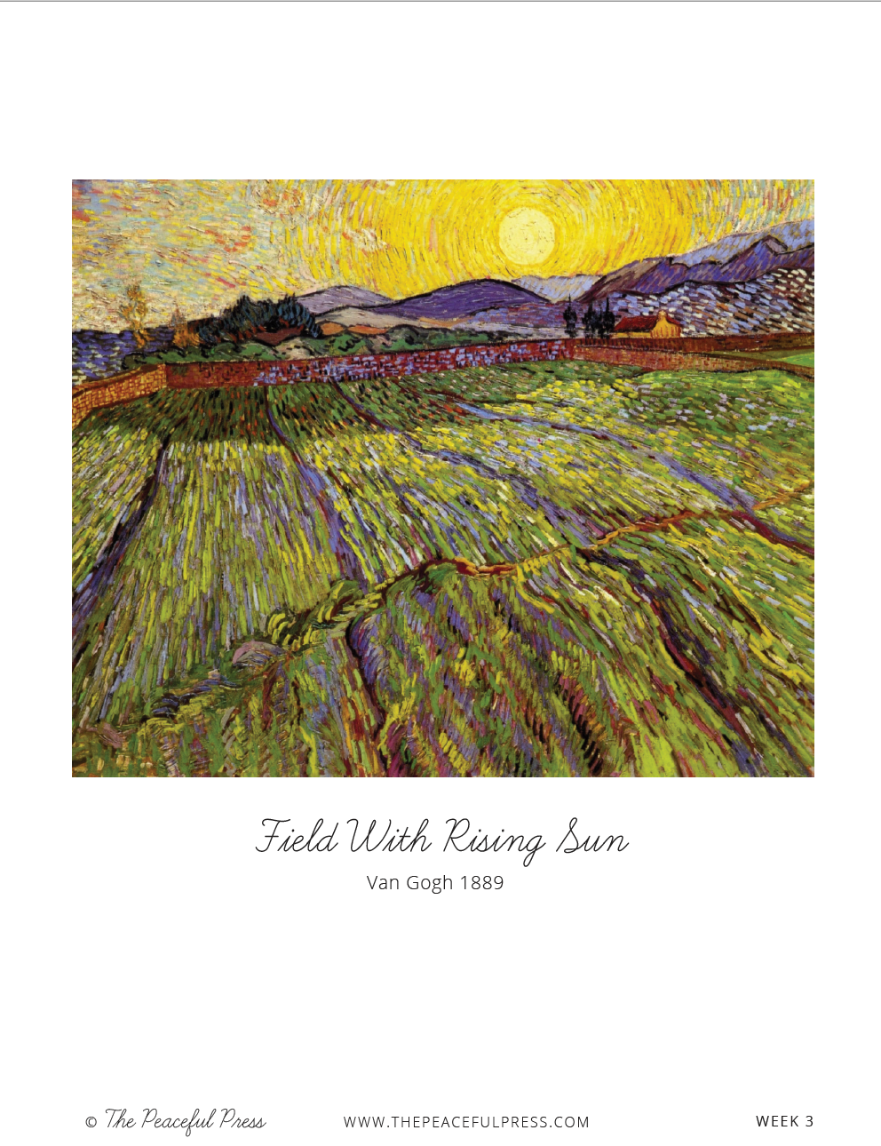 A sample of the homeschool picture study, with a print of Van Gogh's "Field With Rising Sun"