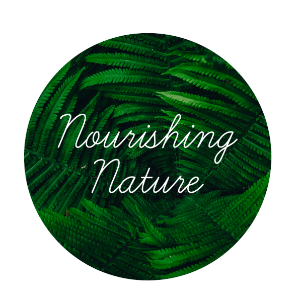 Green Ferns in a circle on a white field with the words "Nourishing Nature", the logo for The Nourishing Nature Homeschool Curriculum