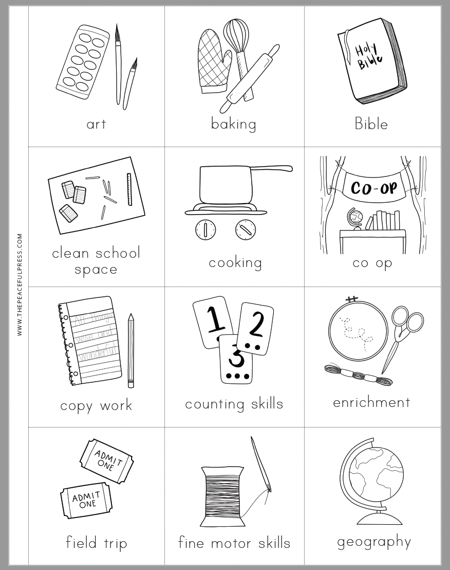 A 3x4 grid of various chores that can be colored in and cut out for your homeschooler.