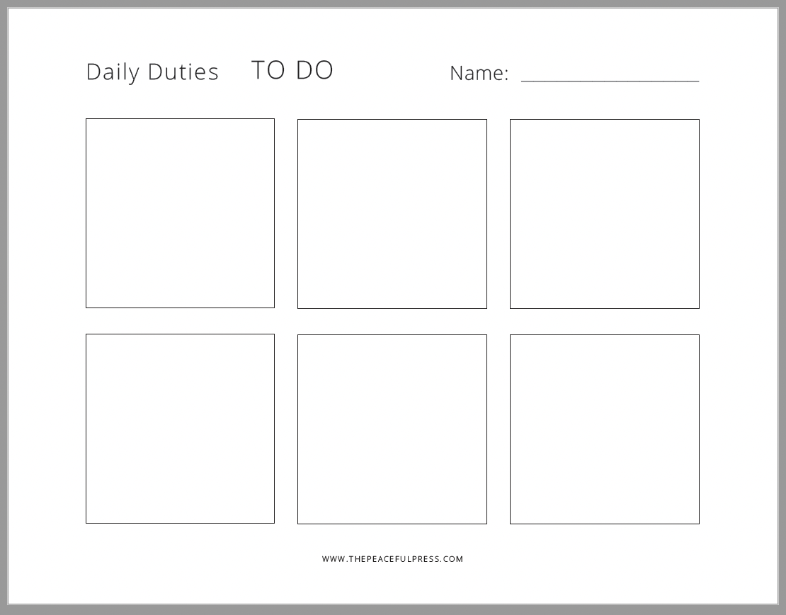 A sample sheet to organize chores for homeschool, daily duties and a grid of 6 squares with a name line in the upper right.
