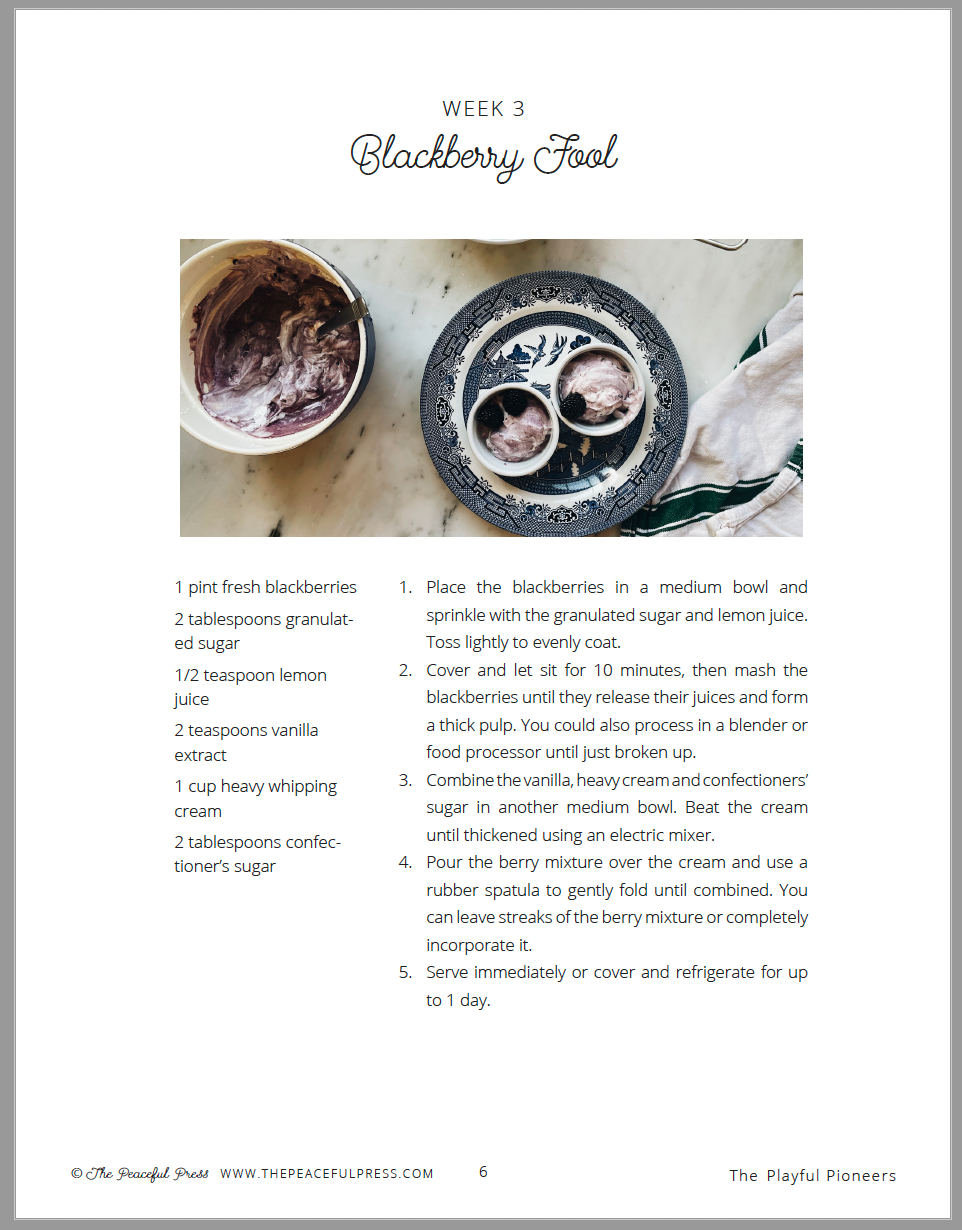 Recipe for "Blackberry Fool" from week three of a homeschool curriculum.