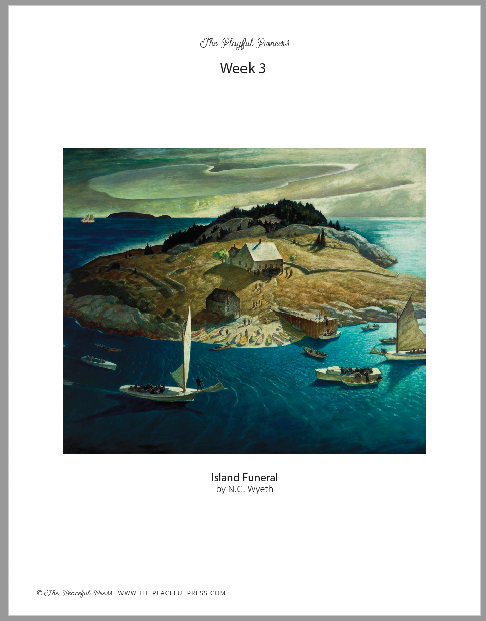 An Art Sample for week 3 of a homeschool Curriculum, "Island Funeral" by N.C. Wyeth.