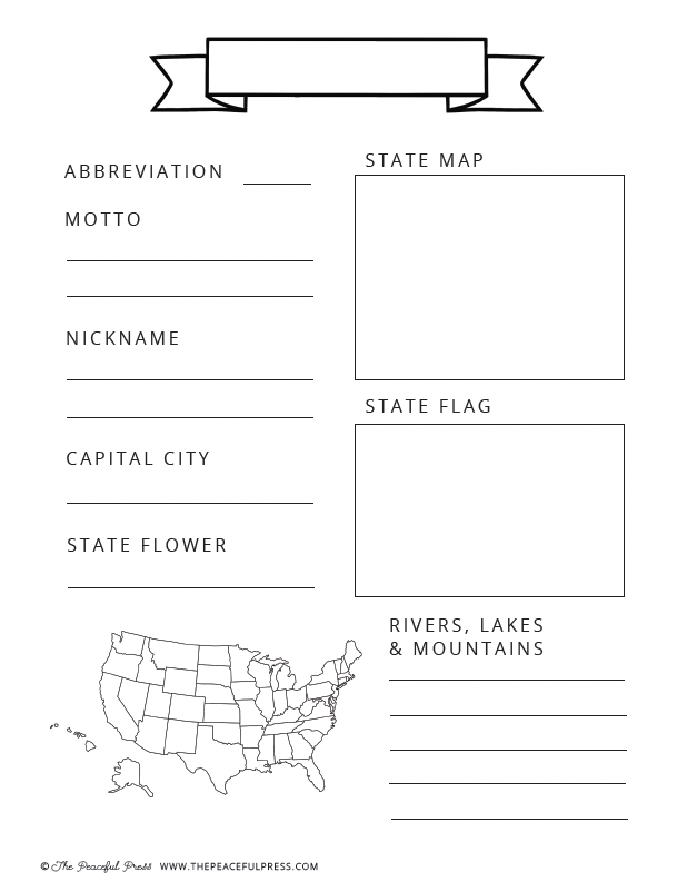 Sample sheet from Playful Pioneers Homeschool Curriculum. State Worksheet, with fields for Name, Abbreviation, Nickname, Motto, Map, Flag, Capital etc.