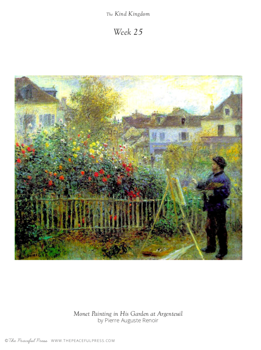 A sample art sheet from the homeschool curriculum, "Monet Painting in His Garden at Argenteuil" by Pierre Auguste Renoir.