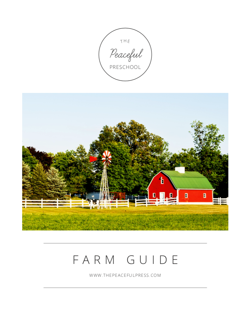 Homeschool Kindergarten 4 week "Farm Guide" course cover art, an idylic red barn in a field with a red and white windmill.
