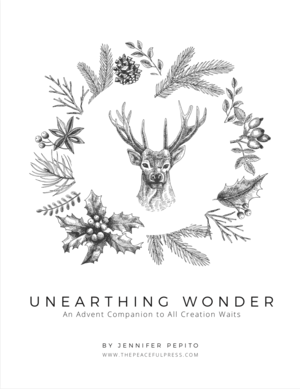 Cover art for the Homeschool Advent Companion, "Unearthing Wonder". A stag on a white background surrounded by various winter time plants, including mistletoe, holly, pinecones, and evergreen branches.