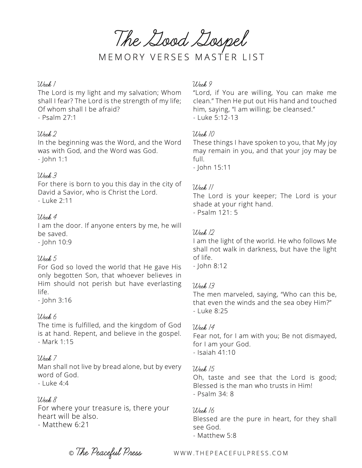 Sample sheet from the Good Gospel Homeschool, Memory Verses for 16 weeks.