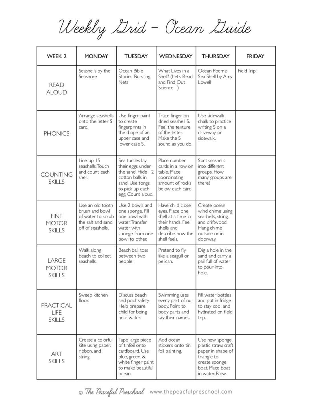 Weekly Grid Sample schedule for the Homeschool Ocean Guide.