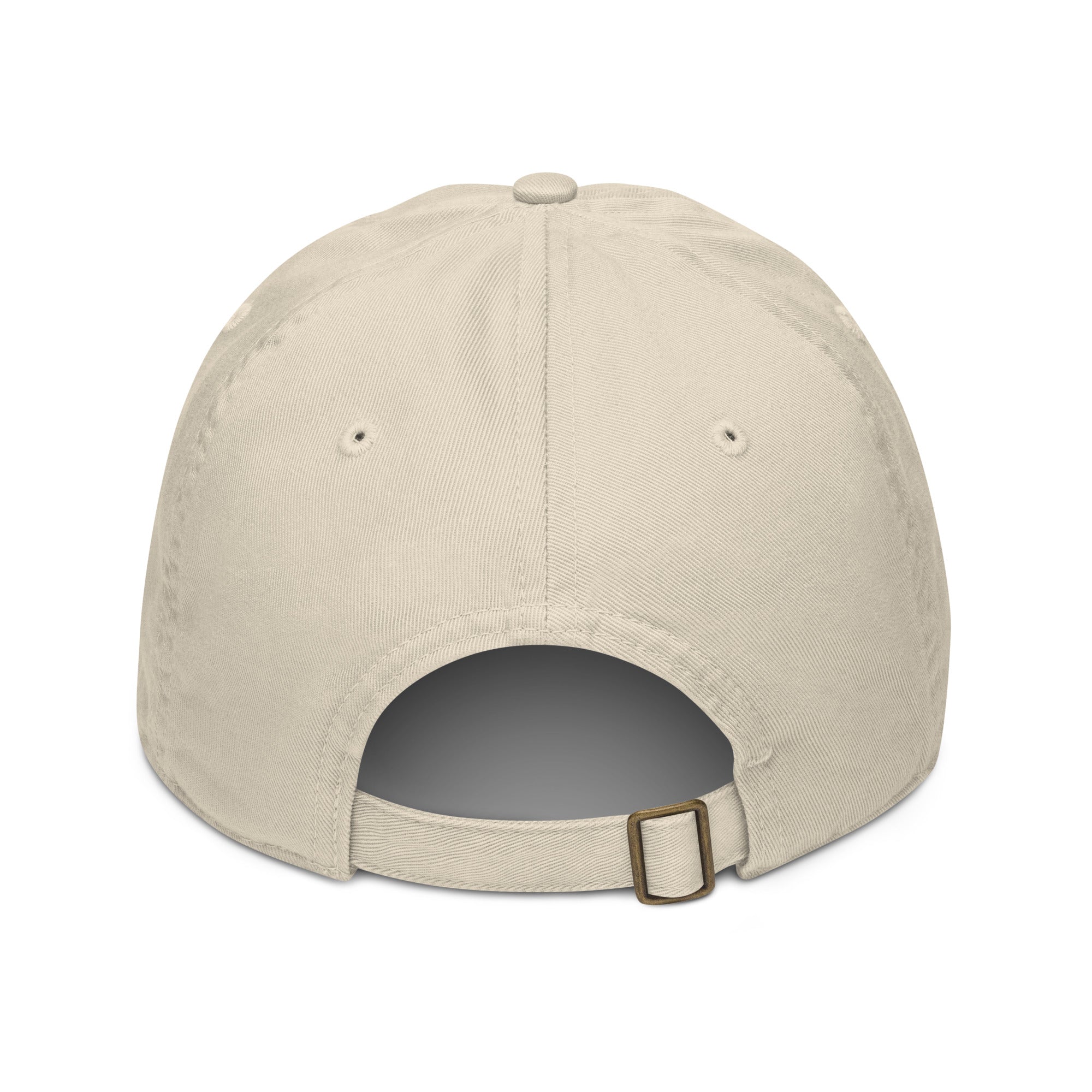 The back of a tan hat on a white background