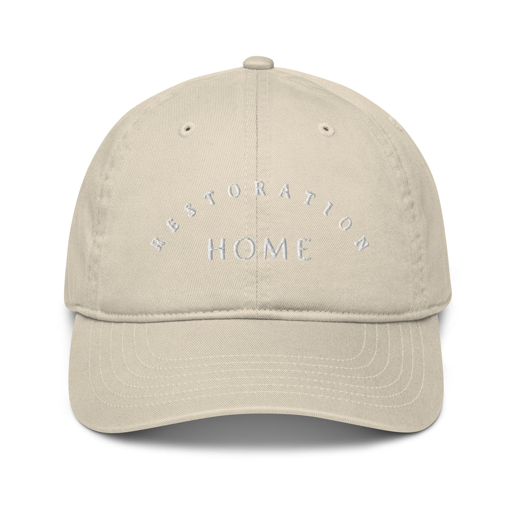 An image of a "dad hat" with the words "Restoration Home" on the front.