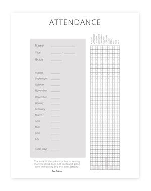 A sample attendance sheet from the Peaceful Press's homeschool planner.