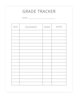 A grade tracker sample sheet from a homeschool planner, 